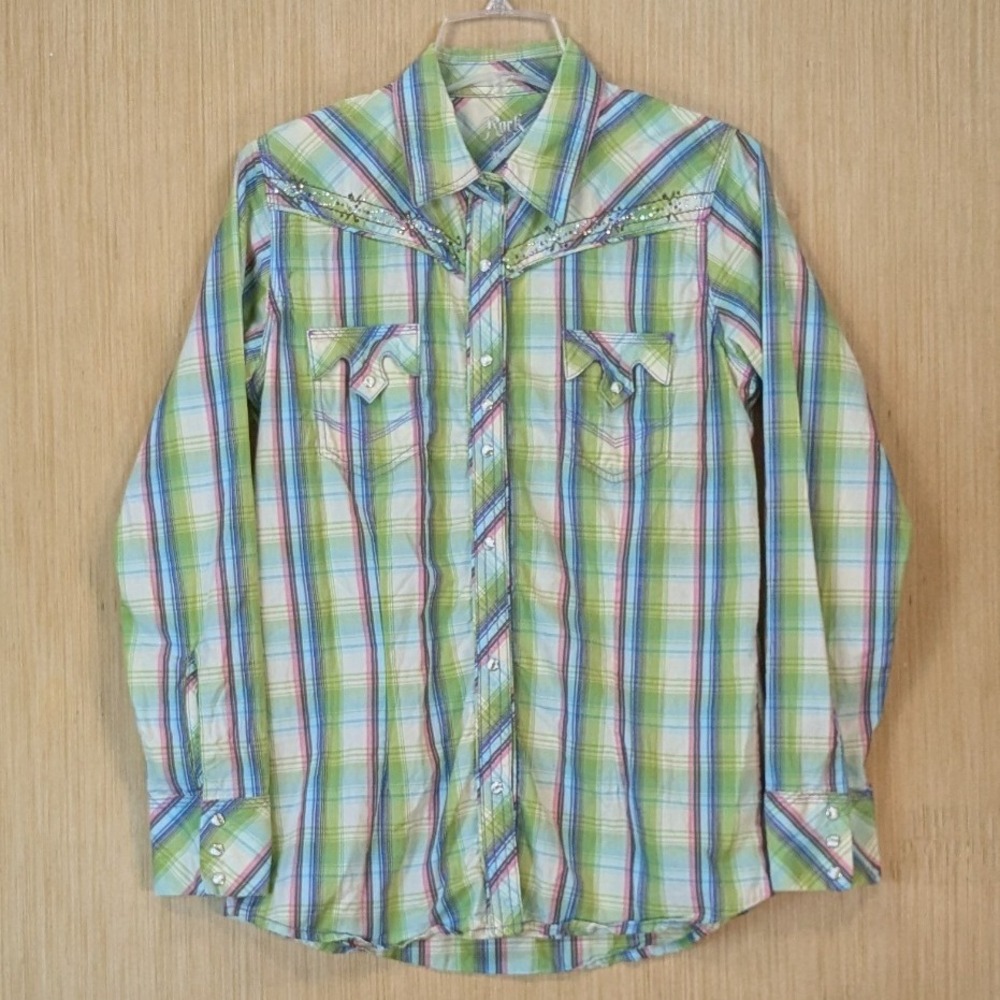 Rock‎ 47 Wrangler Shirt Womens Large Plaid Western Rhinestone Pearl Snap Cowgirl